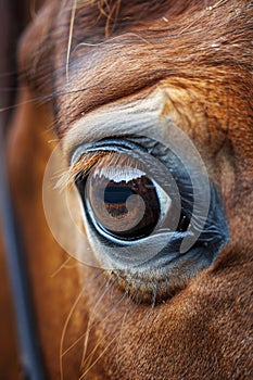 A close up of a brown horse's eye with long lashes, AI