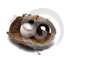 Closeup brown leather baseball glove ball stitching