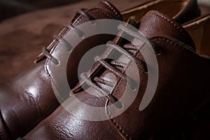 Close up Brown leather men shoe