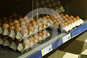 Close-up of brown medium sized chicken egg cartons on a shelf in a retail store