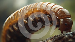 A close-up of a brown, segmented larva with a smooth texture