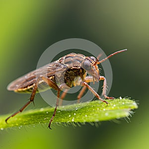 Close-up of a brown shield bug (Pentatomidae) on a green leaf. The insect features a