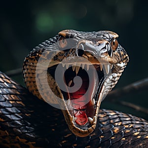 close-up of a brown snake showcasing its head with an open mouth and bared sharp teeth