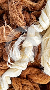 Close Up of Brown and White Soft Wool Yarn Texture in Knitting Material Background
