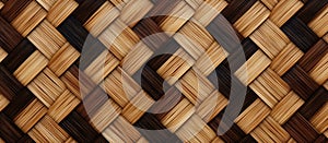 Close up of a brown wicker basket with diagonal pattern on beige wood flooring