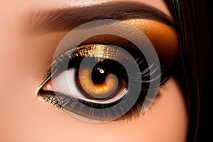 Close up on a brown woman\'s eye with a golden make-up.
