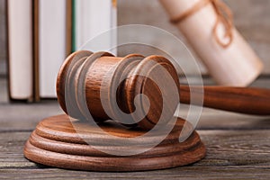 Close-up brown wooden gavel.