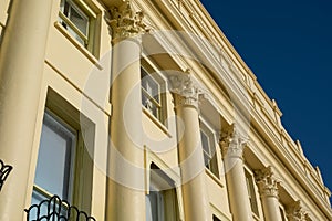 Close up of Brunswick Terrace on the sea front in Hove, Brighton in East Sussex UK, showing architectural detail.