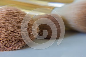 Close up of brushes makeup applicators.