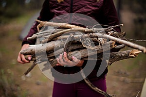 Close-up of a brushwood in woman`s hands