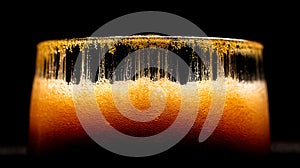 Close Up Bubbles in Dark Beer Glass Against Black Background