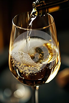 Close-up of a bubbling glass of white wine being filled, capturing the effervescence and golden hue of the drink against