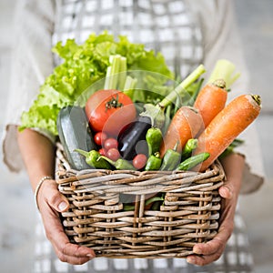 Close up of bucket full of mixed colorful vegetables holded by woman hands - concept of farm agriculture owner store and healthy