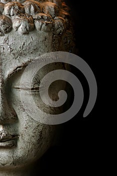 Close up Buddah statue with black copyspace