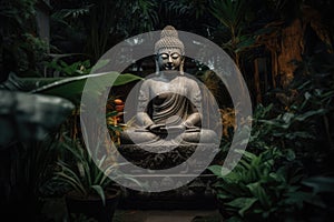 Close up of buddha statue and plants, created using generative ai technology