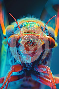 A close up of a bug with bright colors and big eyes, AI