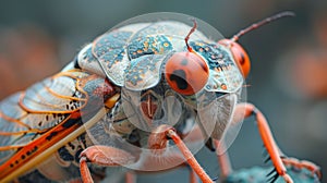 A close up of a bug with bright orange eyes and red antennae, AI photo