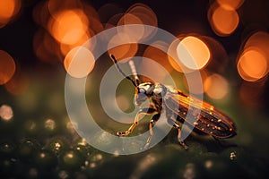 a close up of a bug on a green leaf with blurry lights in the background