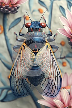 A close up of a bug with wings and antennae on it, AI photo