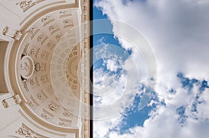 Close-up of a building with a neoclassical ceiling against the sky. Neoclassical architecture, rococo with hemispherical ceiling