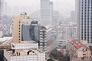 Close up of buildings in smog