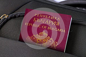 Close up of Bulgaria Passport in Black Suitcase Pocket