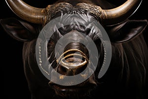 A close up of a bull with a chain around its neck. Generative AI image.