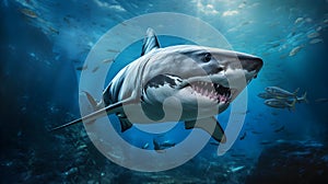 Close up of a Bull Shark swimming in the deep Ocean. Natural Background with beautiful Lighting