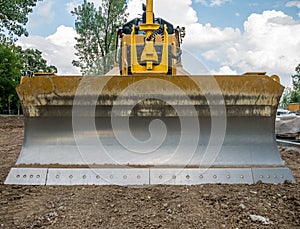 Close up with a Bulldozer Excavator Blade. Crawler bulldozer bucket teeth