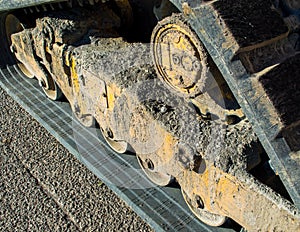 Close up of a bulldozer track and undercarriage