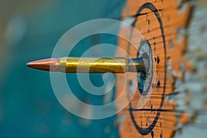 A close up of a bullet hitting a target, showing impact and precision, A bullet piercing through a target