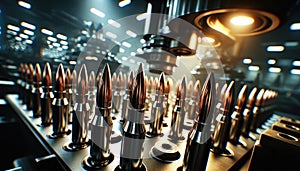 Close-up of bullet manufacturing machine with multiple bullets in production