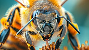 Close-up of a bumblebee with vivid details. Macro image of a bee with antennae and wings. Concept of macro photography