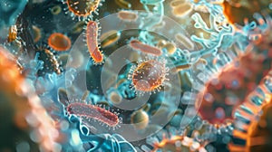 A close up of a bunch of bacteria and viruses. The image is colorful and vibrant, with a mix of red, blue, and yellow hues