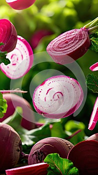 A close up of a bunch of beets and greens