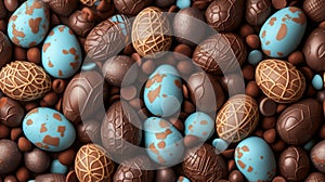 A close up of a bunch of chocolate eggs and blue ones, AI