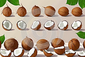 A close up of a bunch of coconuts with some of them cut open