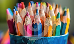 Close-up of a bunch of colored pencils, abstract background with colored pencils macro view