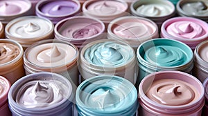 A close up of a bunch of different colored creams and lotions, AI