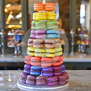 A close up of a bunch of different colored macarons, AI photo