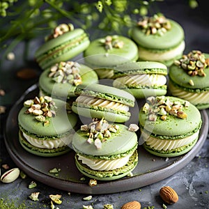 A close up of a bunch of different colored macarons, AI photo