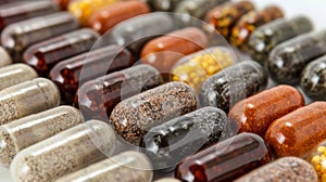 A close up of a bunch of different colored pills, AI