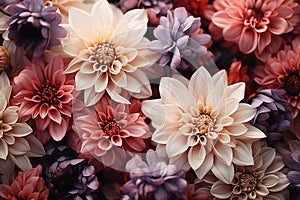 A close up of a bunch flowers. Pink and red tones flower pattern background