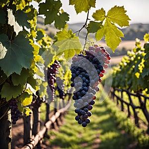 Close-up of a bunch of grapes in a vineyard