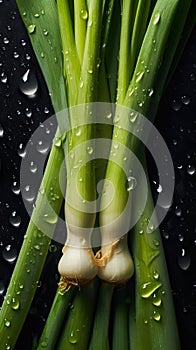 a close up of a bunch of green onions with water drops on them and a black background with a black surface with a few drops of