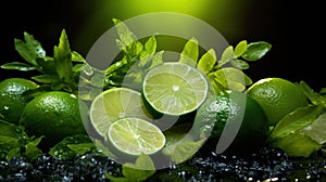 A close up of a bunch of limes and some leaves, AI