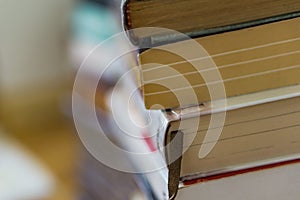 Close up of a bunch of paper books, novels. Concept education an