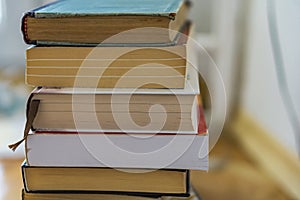 Close up of a bunch of paper books, novels. Concept education an