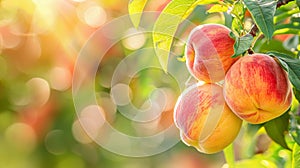 A close up of a bunch of peaches on the tree, AI