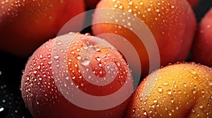 A close up of a bunch of peaches with water droplets on them, AI